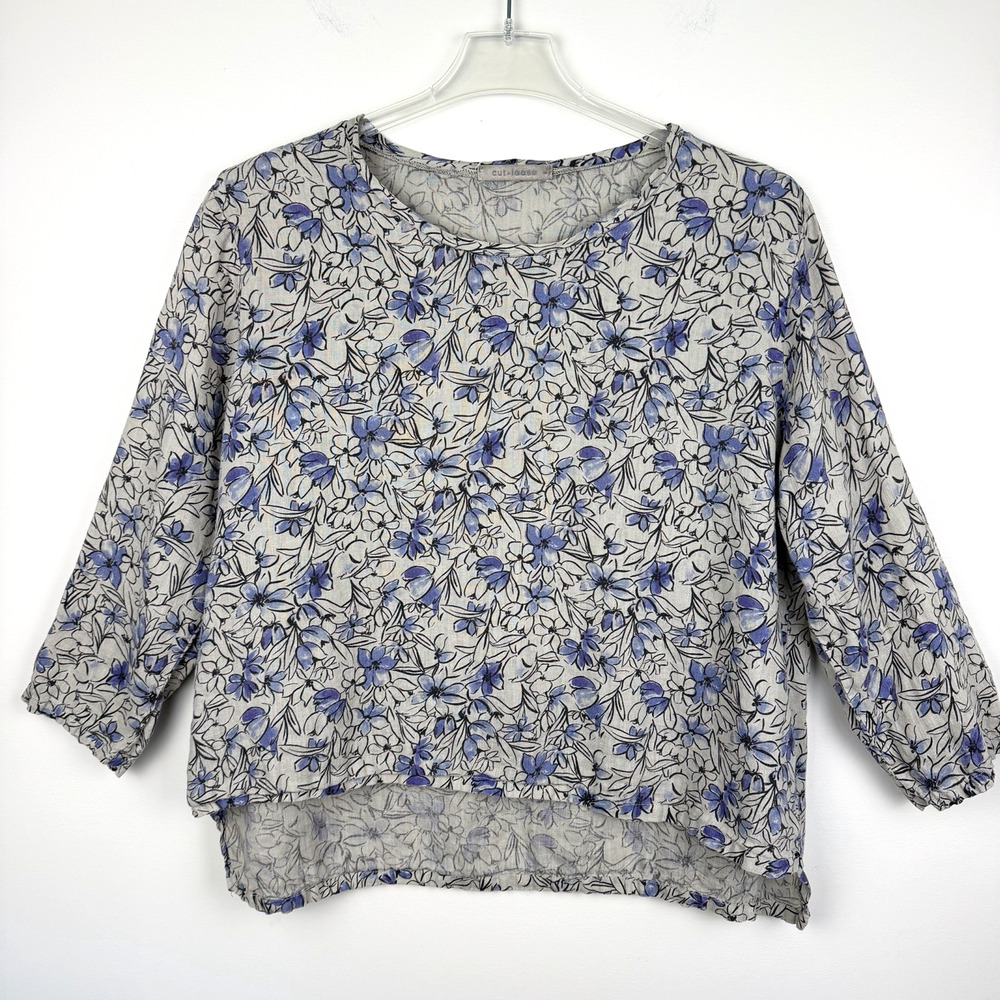 Cut Loose 100% Linen Top Size L Blue Gray Floral Boxy Lagenlook Minimal Boho USA